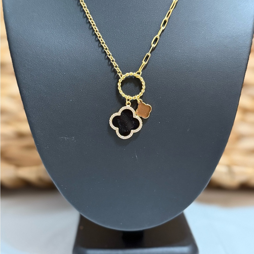 Elegant Gold Dipped Cz And Black Pendant Necklace - image 2
